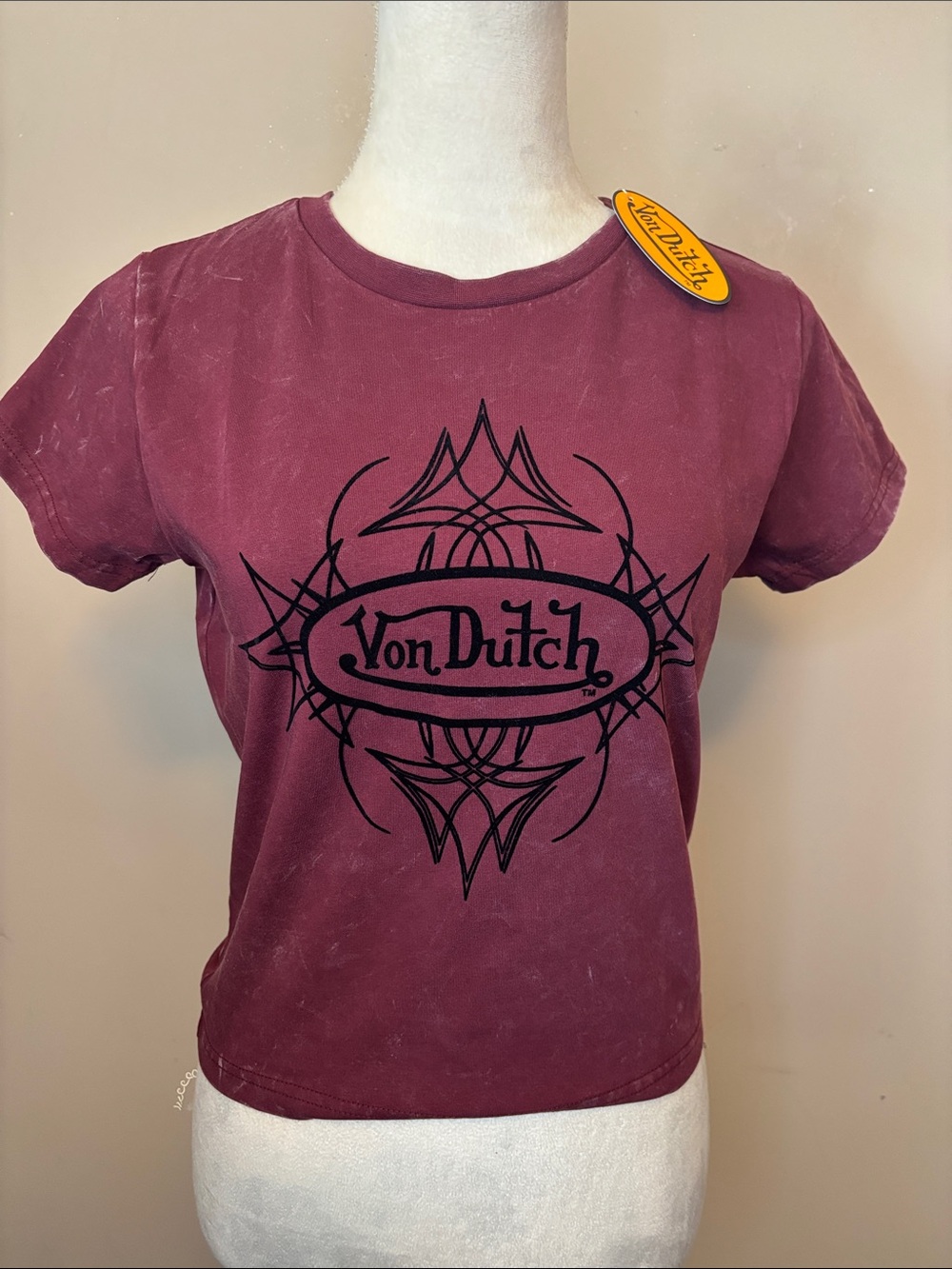 Von Dutch Maroon Skimmer Tee with Black Velvet Logo